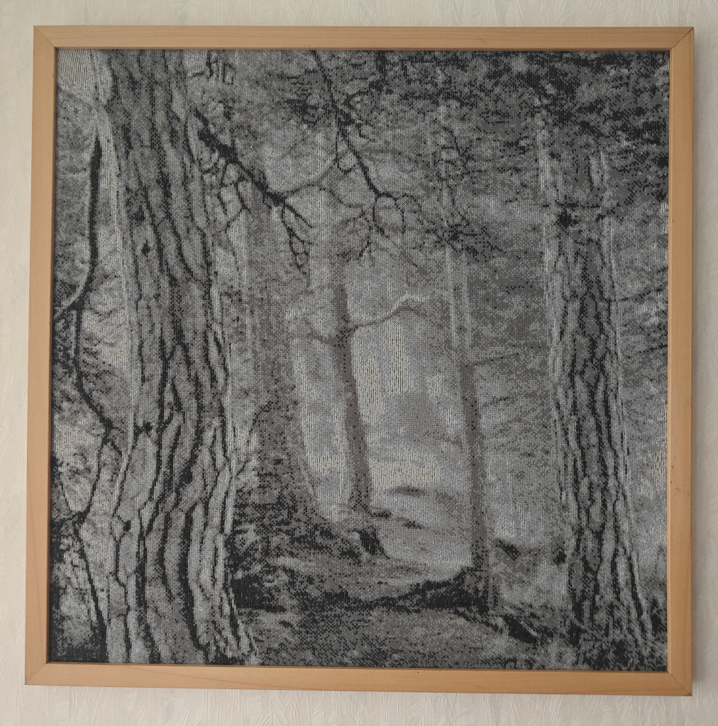 Forest acoustic art piece woven stitch by stitch from sustainable textile fibers.