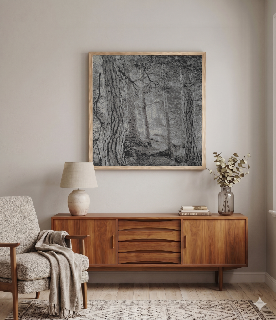 Forest eco-friendly Lyocell fiber art installed for noise reduction in modern home design.
