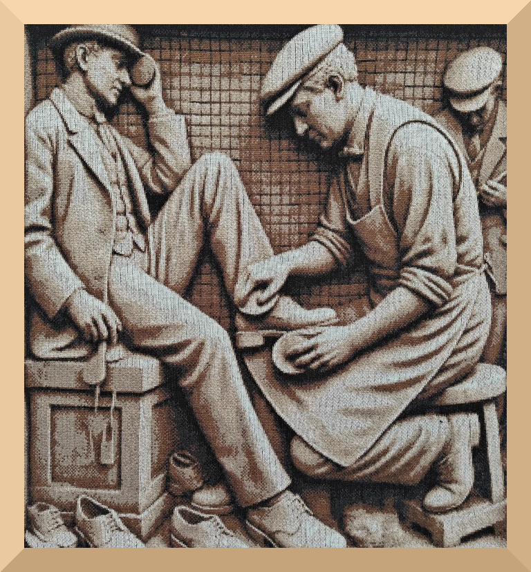Woven tapestry depicting traditional craftsmen, exclusive textile art installation by ArtKnitting.