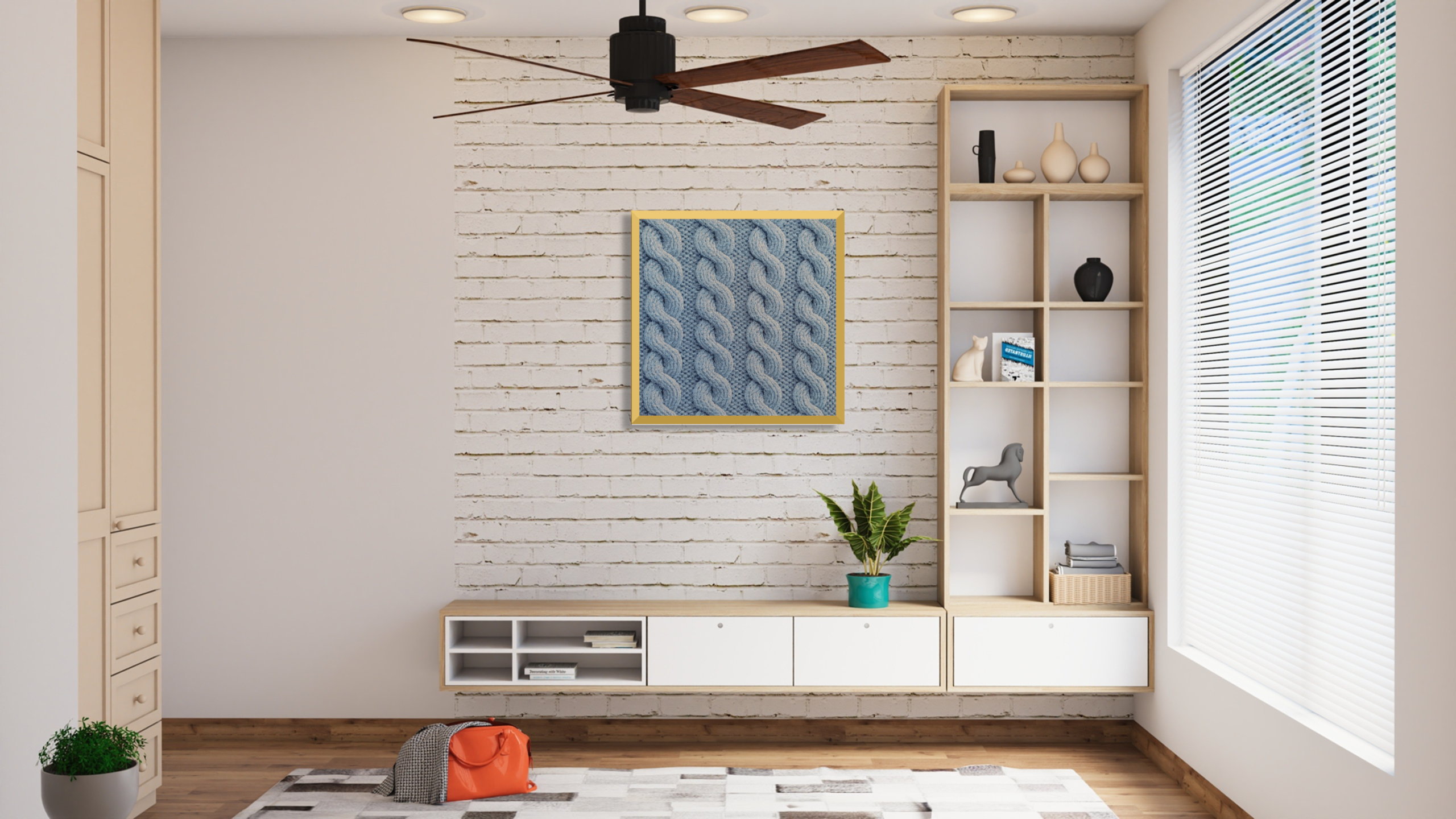 Acoustic merino wool art piece featuring a blue 3D cable knit optical illusion on a brick wall interior