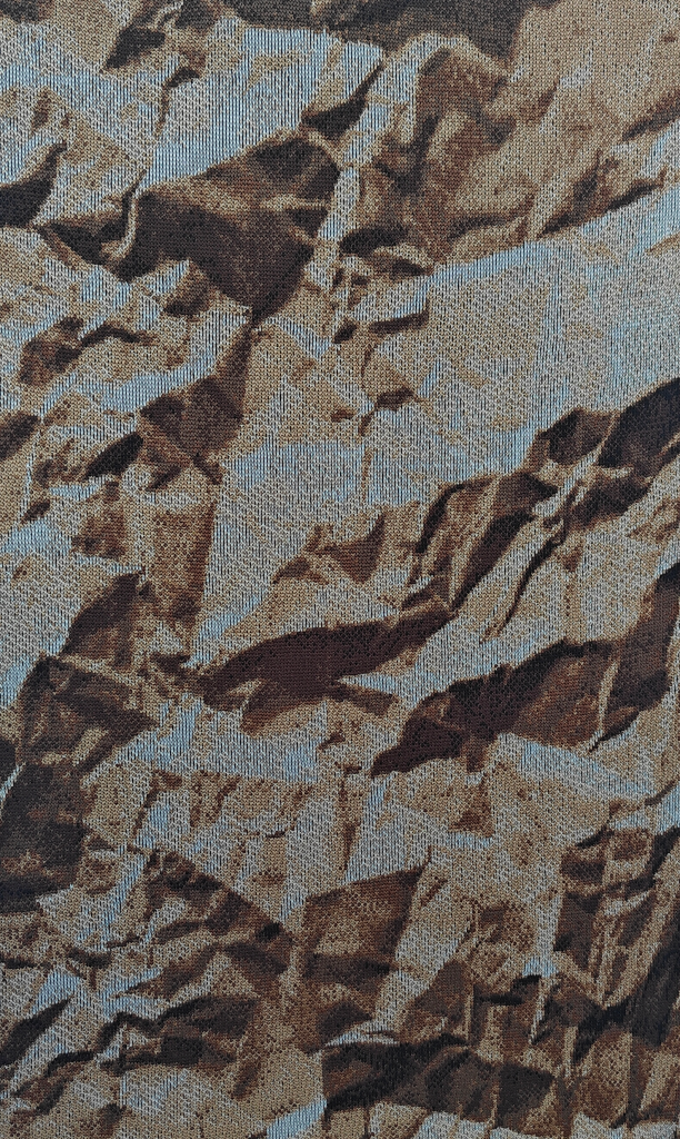 A unique 1/1 acoustic art piece titled Crumpled displaying a realistic three-dimensional illusion of a wrinkled surface in shades of brown and gray.