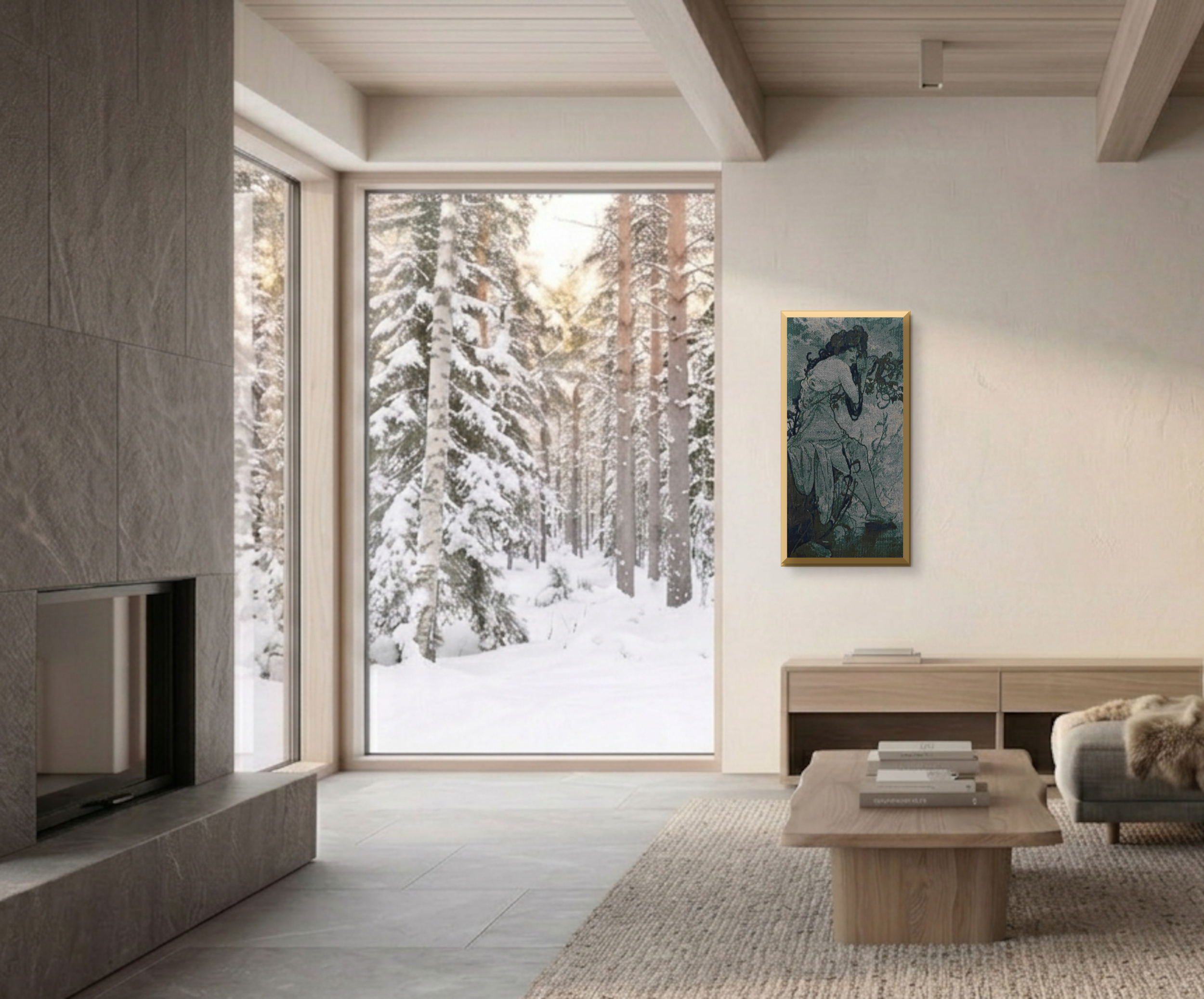 Alphonse Mucha Summer acoustic textile art piece framed in solid ash wood inside a modern scandinavian living room.