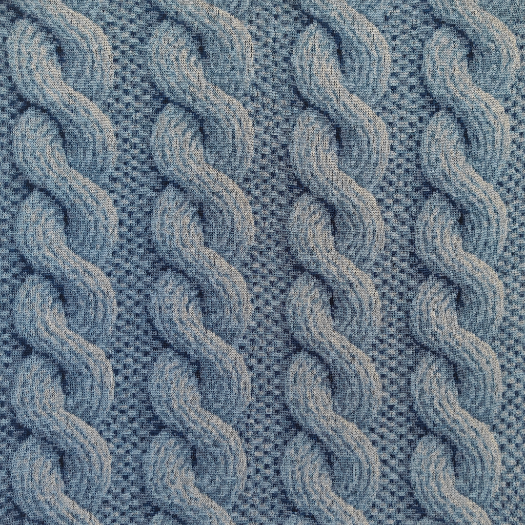 Detailed close-up of flat merino wool stitches creating a volumetric cable knit texture illusion